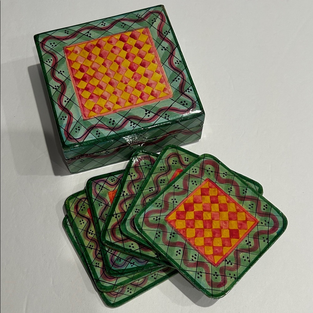 Painted Wood Coaster Set of 6 with Matching Box